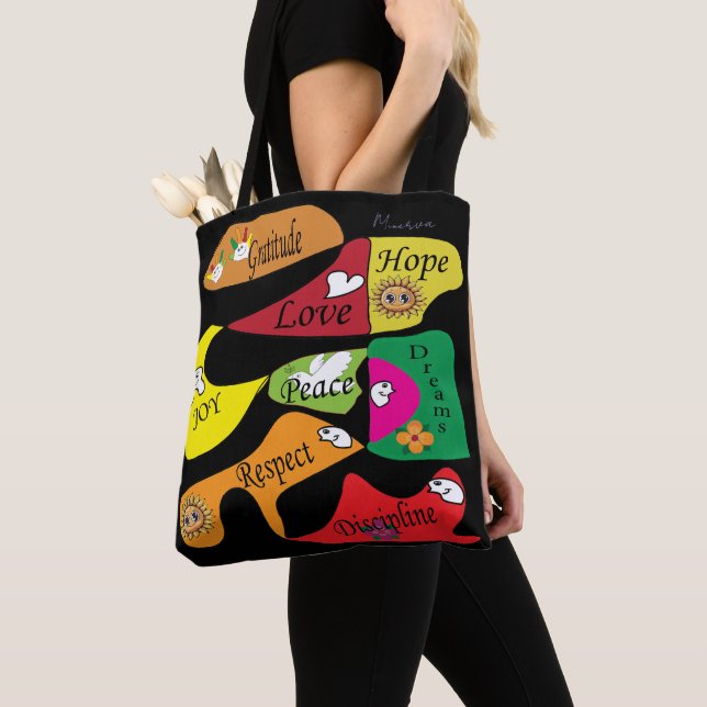 Inspirational Black Tote: Peace Joy Discipline Tote Bag (Close Up)
