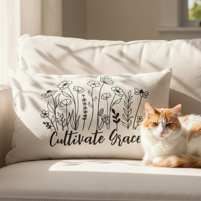 Inspirational Black White Floral Cultivate Grace Lumbar Cushion (Inspirational black line art wildflower pillow)