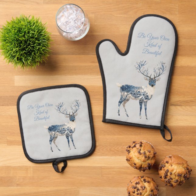 Inspirational Blue White Chic Deer Fox Oven Mitt & Pot Holder Set (Top Down)