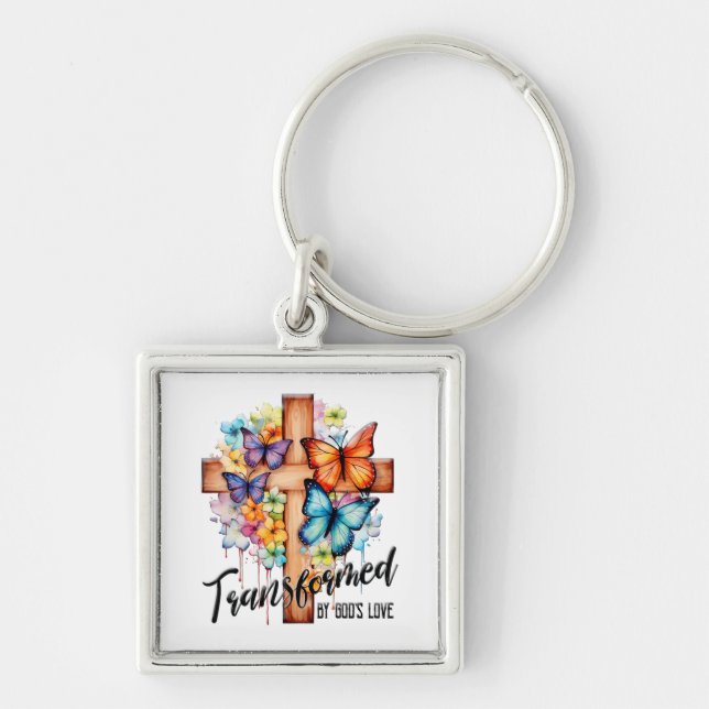 Inspirational Butterfly/Floral Cross Scripture Key Ring (Front)