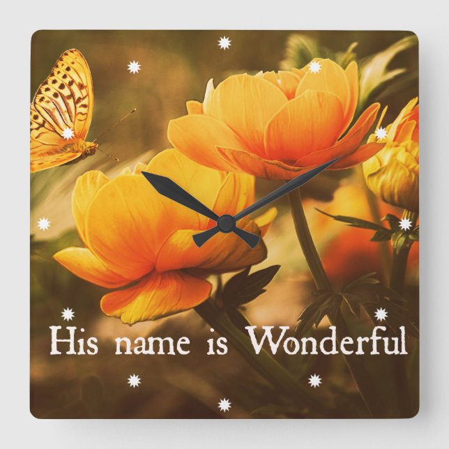 Inspirational Christian Quote: His Name is Square Wall Clock (Front)