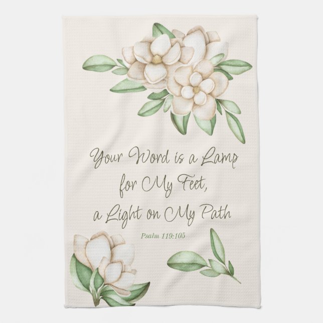 Inspirational Faith Scripture Magnolia Flowers Tea Towel (Vertical)