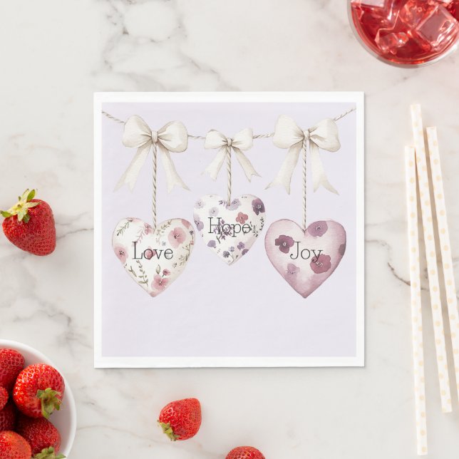 Inspirational Floral Love Hope Joy Hearts Bow Napkin (Insitu)