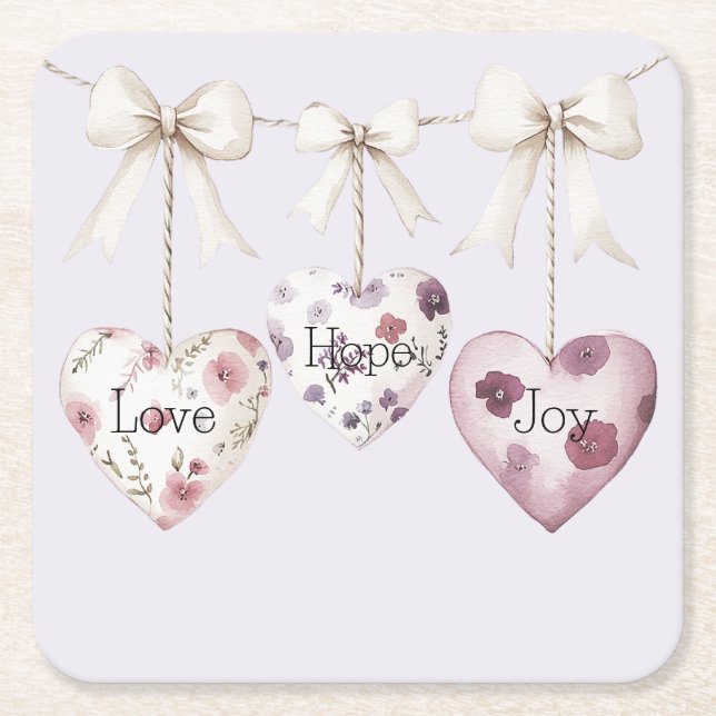 Inspirational Floral Love Hope Joy Hearts Bow Square Paper Coaster (Front)
