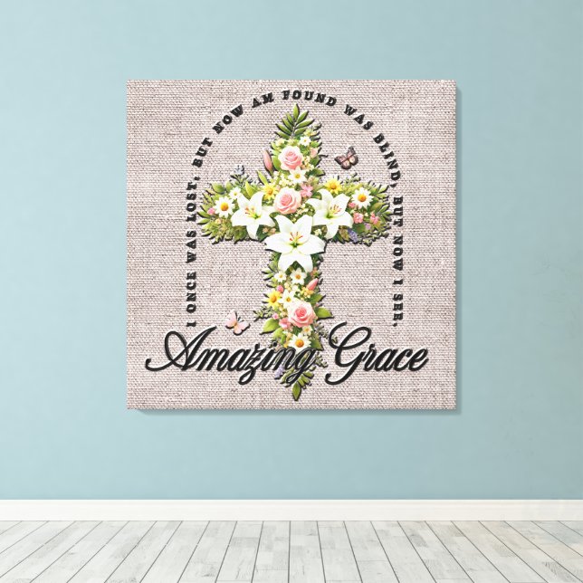 Inspirational Flower Cross Scripture/Sublimation Canvas Print (Insitu(Wood Floor))