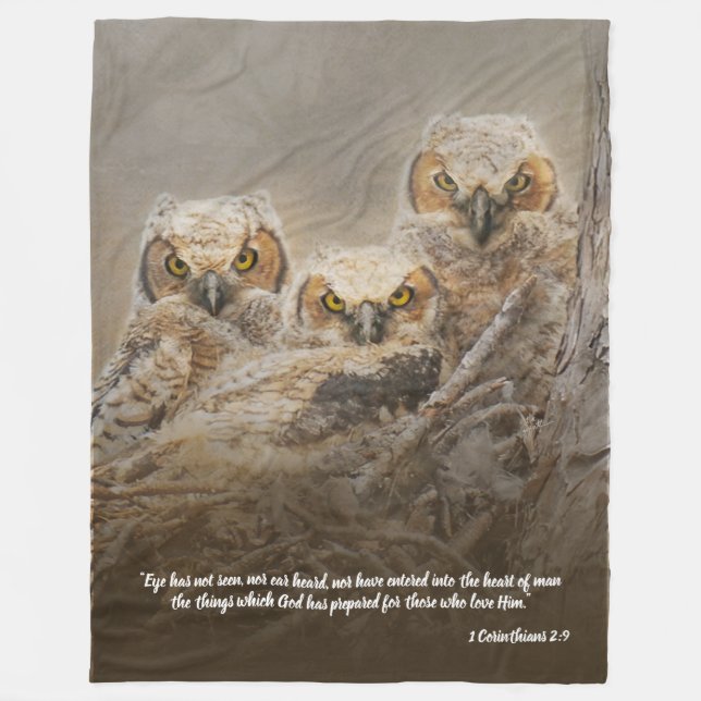 Inspirational Great Horned Owlets Eyes Scripture Fleece Blanket (Front)