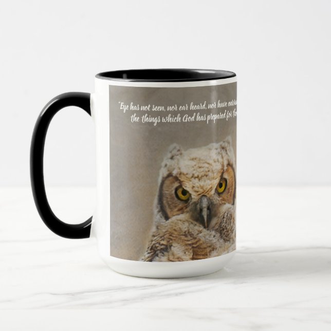 Inspirational Great Horned Owlets Eyes Scripture Mug (Left)