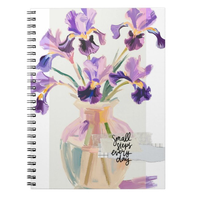 Inspirational Modern Purple Iris Flowers in a Vase Notebook (Front)
