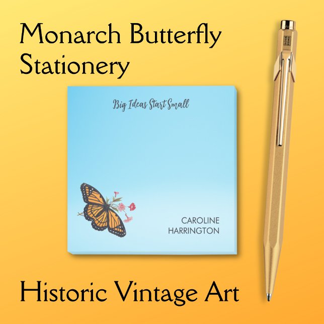 Inspirational Monarch Butterfly Personal Sky Blue Post-it Notes (This sky blue Post-it notepad features  crisp typography alongside a Victorian monarch butterfly.)