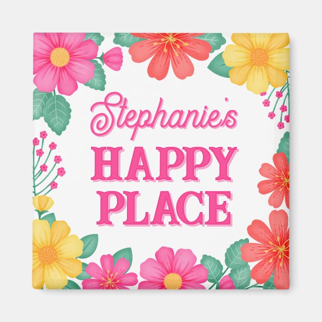 Inspirational Personalised Happy Place Floral Magnet (Front)