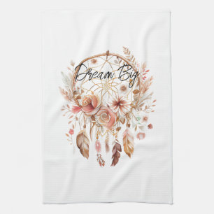 Inspirational Pink Dream Catcher Boho Floral Tea Towel