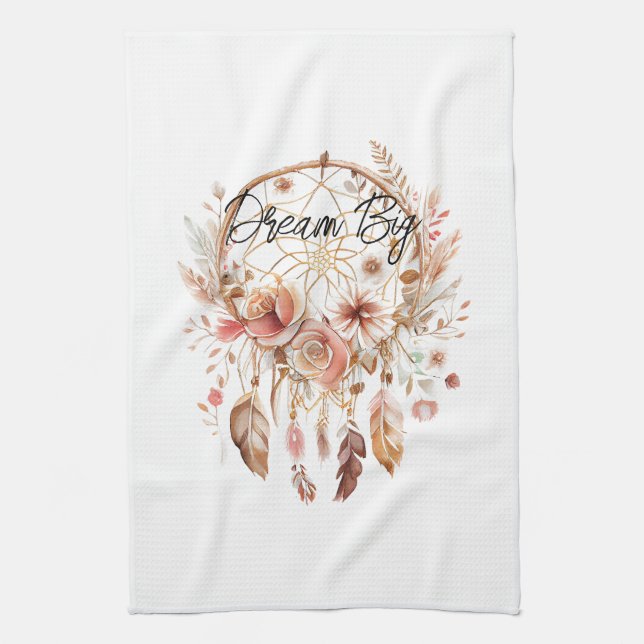 Inspirational Pink Dream Catcher Boho Floral Tea Towel (Vertical)