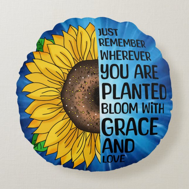 Inspirational Quote and Hand Drawn Sunflower Round Cushion (Front)