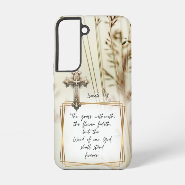 Inspirational Scripture Nature Grass Beige Cross Samsung Galaxy S22 Case (Back)