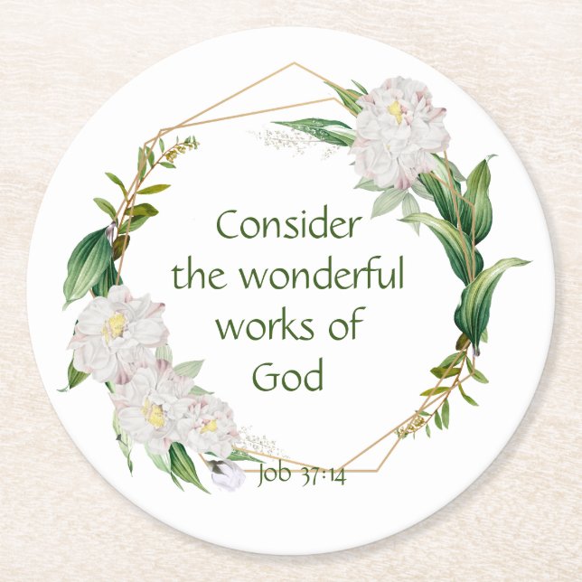 Inspirational Scripture Quote White Roses Flower Round Paper Coaster (Front)