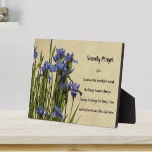 Inspirational Serenity Prayer Blue Irises Floral Plaque