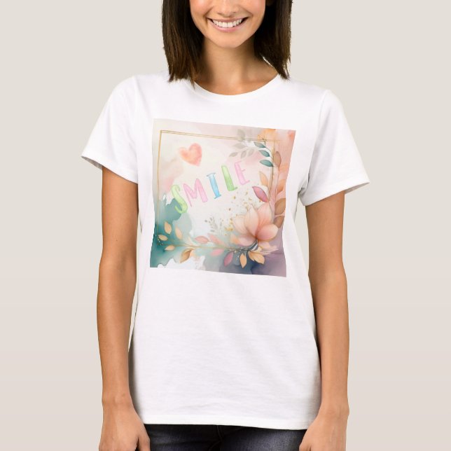 Inspirational "Smile" Floral Watercolor Design T-Shirt (Front)