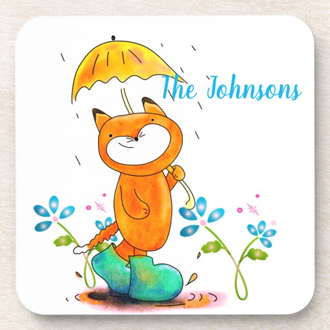 Inspirational Spring Fox with Umbrella Coaster (Front)