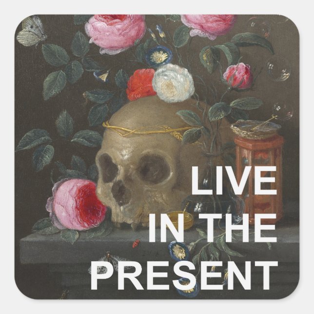 Inspirational Text + Memento Mori Painting Square Sticker (Front)