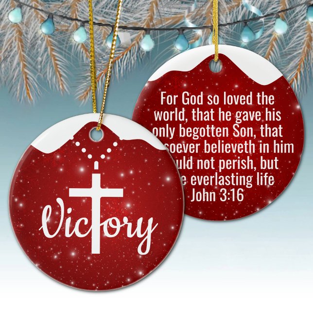 Inspirational Victory Cross Christian Decor  ⛪️ 🎄 Ceramic Tree Decoration (Customizable inspirational victory cross christian decor. Custom berry red Christmas ornament. 🎄✝)