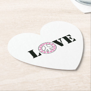 Inspirational White Pink Love Peace Hearts Paper Coaster