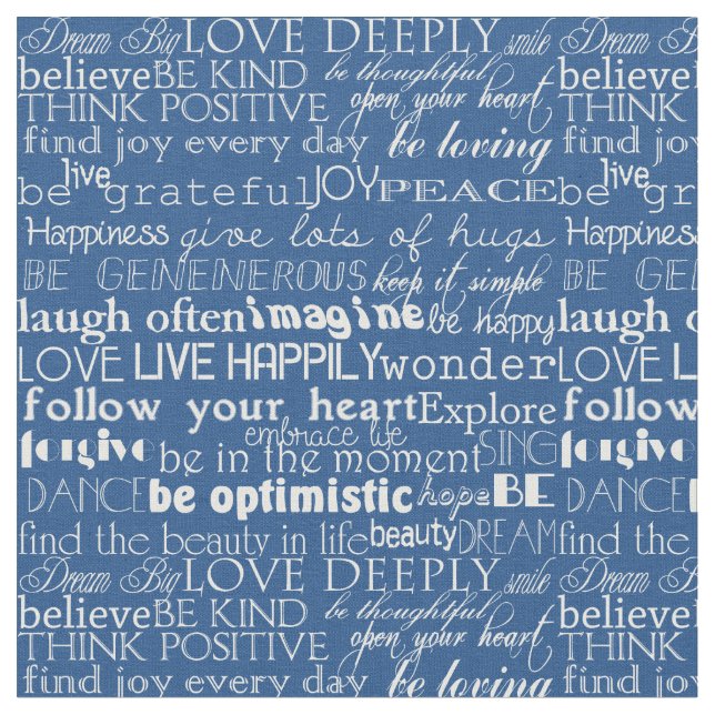 Inspirational Words Blue and White Typography Fabric (Close Up)