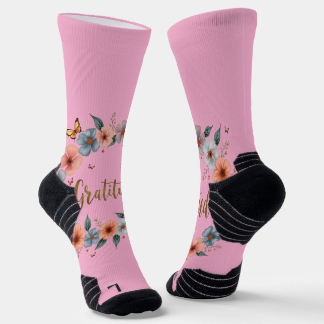 Inspire Gratitude with Every Step | Floral Pink At Socks (Angled)
