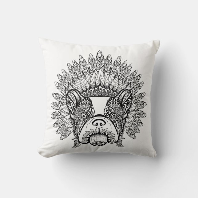 Inspired French Bulldog In War Bonnet Cushion (Front)