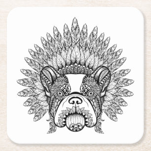 Inspired French Bulldog In War Bonnet Square Paper Coaster