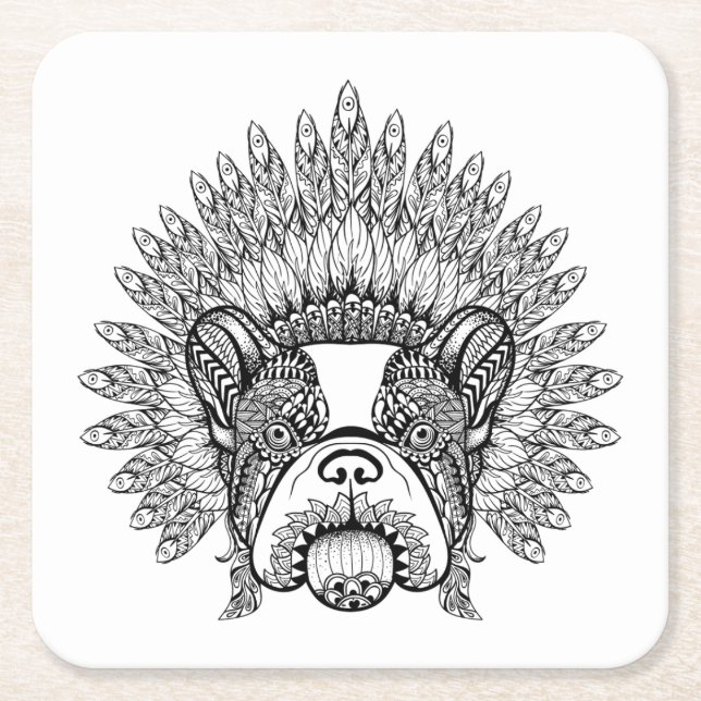 Inspired French Bulldog In War Bonnet Square Paper Coaster (Front)