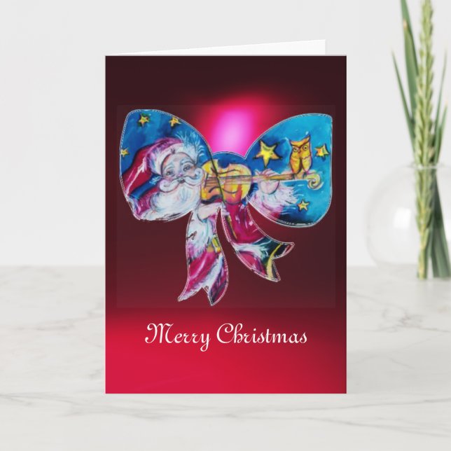 INSPIRED SANTA PLAYING VIOLIN CHRISTMAS BOW Red Holiday Card (Front)