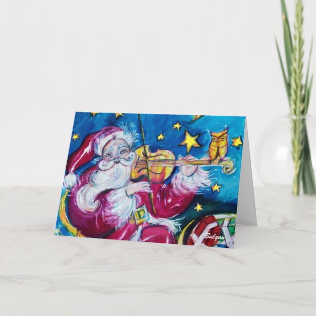 INSPIRED SANTA PLAYING VIOLIN ,Owl,Christmas Night Holiday Card (Front)