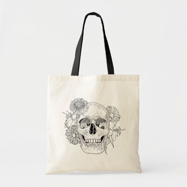 Inspired Skull And Flowers Tote Bag (Front)