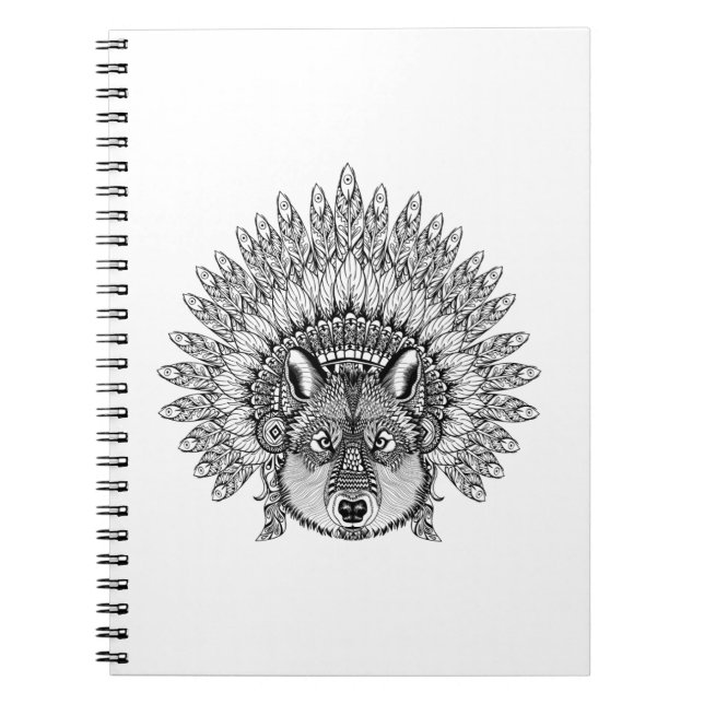 Inspired Wolf In Feathered War Bonnet Spiral Notebook (Front)