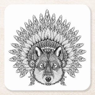 Inspired Wolf In Feathered War Bonnet Square Paper Coaster