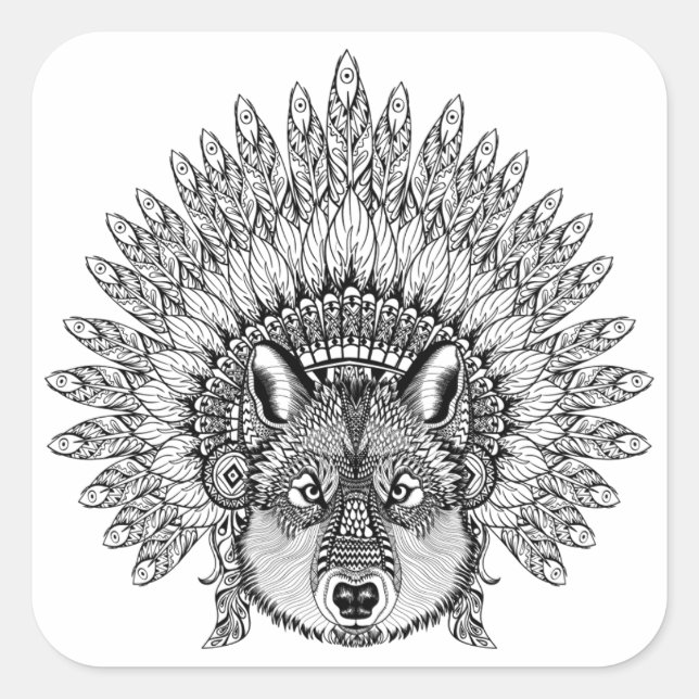 Inspired Wolf In Feathered War Bonnet Square Sticker (Front)