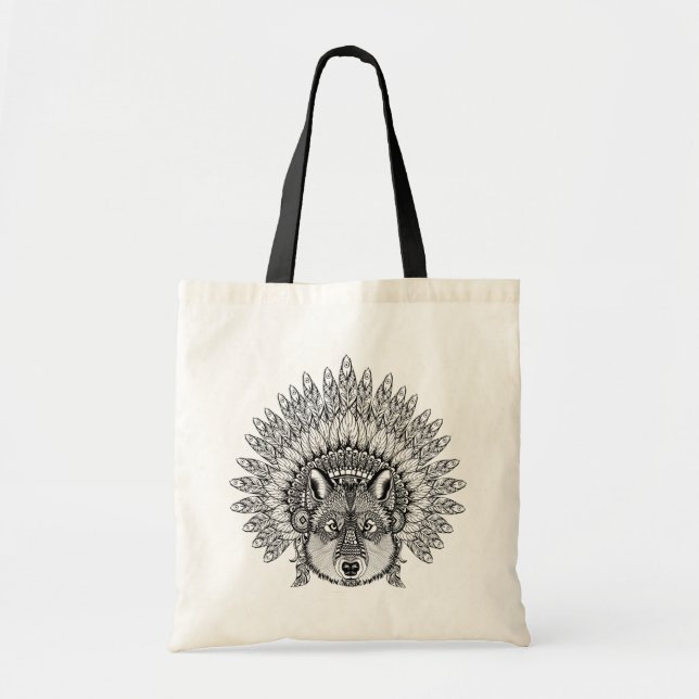 Inspired Wolf In Feathered War Bonnet Tote Bag (Front)