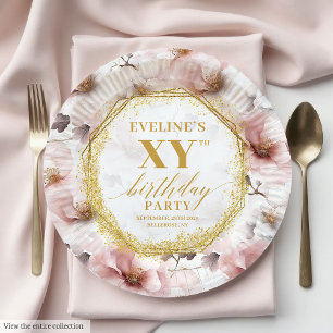 Inspiring Blush Floral Gold  Birthday Paper Plates