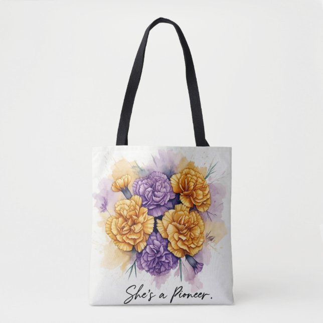 Inspiring Carnations,"She's a Pioneer" Floral Tote Bag (Front)