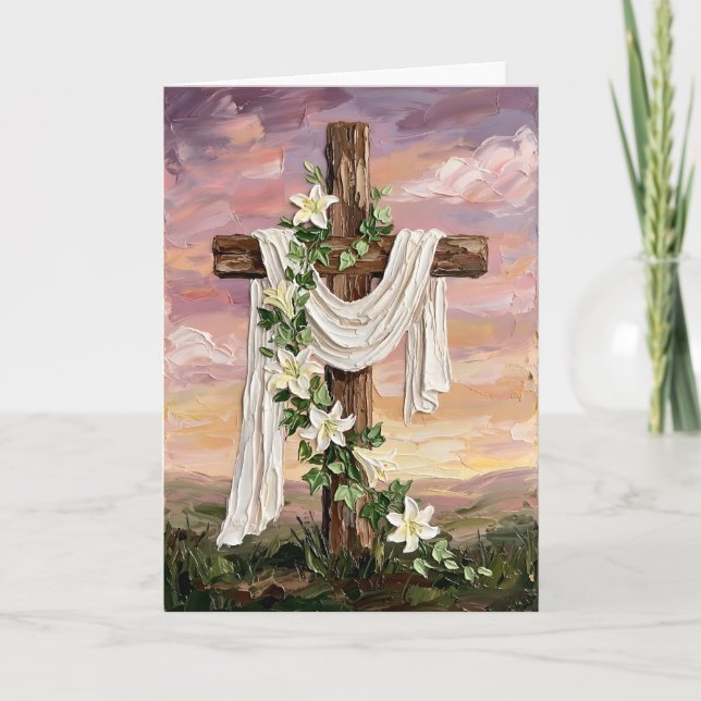 Inspiring Easter Cross White Lilies Oil Painting Holiday Card (Front)