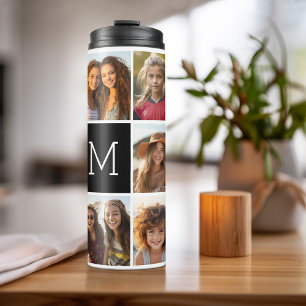 Instagram 11 Photo Collage Custom Monogram Black Thermal Tumbler