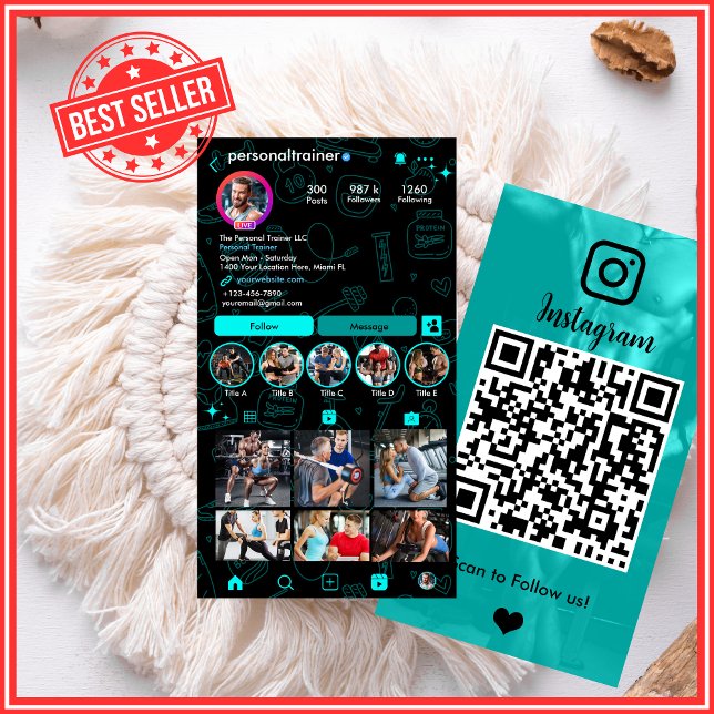 Instagram Blue & Black Personal Fitness Trainer Business Card (Creator Uploaded)
