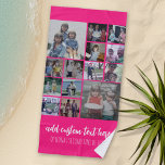 Instagram Collage - 14 photos script - Hot Pink Beach Towel<br><div class="desc">A design with a hot pink background and a place to add text in a trendy script. Use up to fourteen square photos to create a unique and personal gift. If you need to adjust the pictures,  click on the customise tool to make changes.</div>