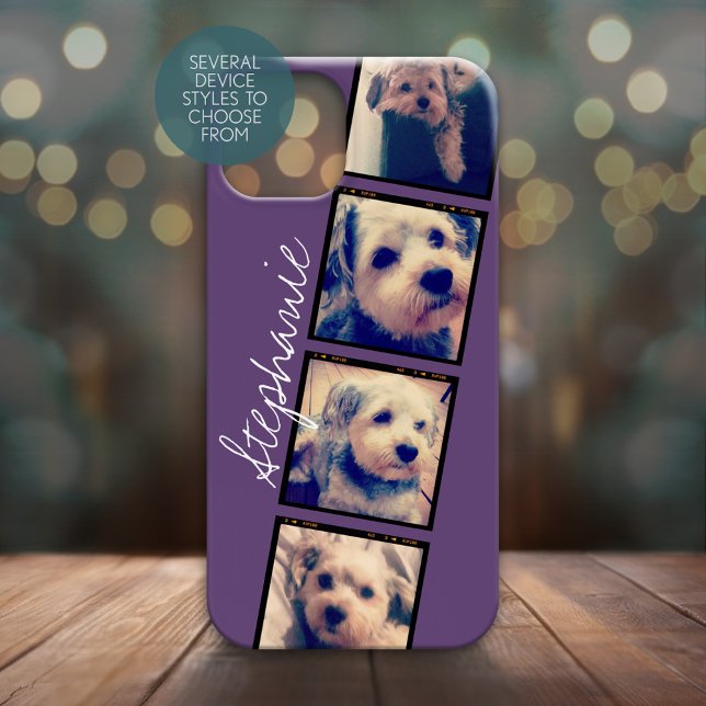 Instagram Collage - 4 photos purple background (Personalized Phone Case with 4 Photos and Custom Text - Pick Your Device Style)