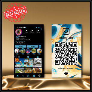 Instagram LUXURY Blue & Gold Black Marble Agate QR Business Card