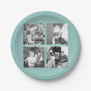 Instagram Photo Collage 4 pictures - blue stripes Paper Plate