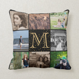 Instagram Photo Collage Monogram Black Gold Dots Cushion