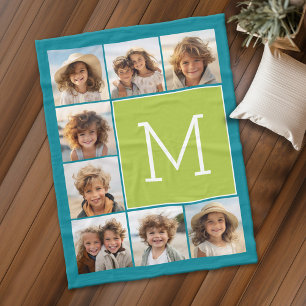 Instagram Photo Collage Monogram - Blue and Lime Fleece Blanket