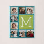 Instagram Photo Collage Monogram - Blue and Lime Jigsaw Puzzle<br><div class="desc">Vibrant Green and a Rich Teal Blue Background - You can use square or selfie photos for this design. Use 8 square photos to create a unique and personal gift. Or you can keep the hipster puppy and make a trendy keepsake. If you need to adjust the pictures, click on...</div>