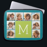 Instagram Photo Collage Monogram - Blue and Lime Laptop Sleeve<br><div class="desc">Vibrant Green and a Rich Teal Blue Background - You can use square or selfie photos for this design. Use 8 square photos to create a unique and personal gift. Or you can keep the hipster puppy and make a trendy keepsake. If you need to adjust the pictures, click on...</div>